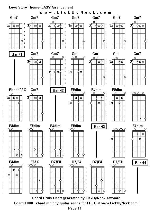 Chord Grids Chart of chord melody fingerstyle guitar song-Love Story Theme- EASY Arrangement,generated by LickByNeck software.